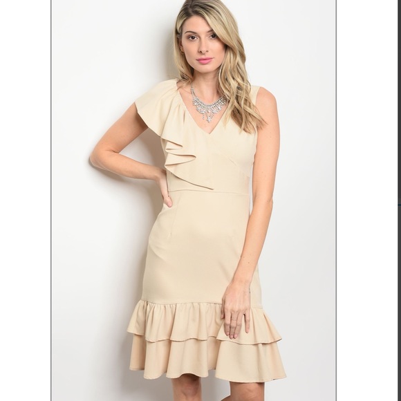 Cream Fitted Ruffle Detail Dress Sizes S M L - Picture 3 of 7